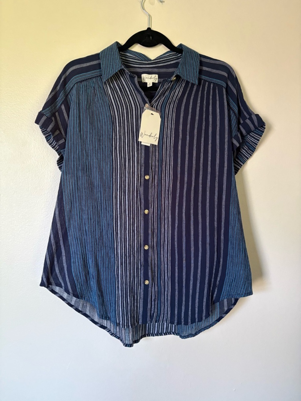 Wonderly Blue Striped Boyfriend Top Size Medium NWT